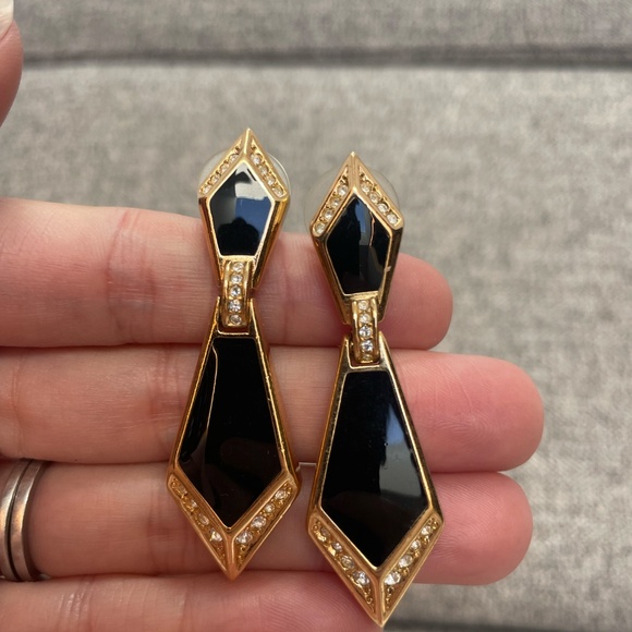 Vintage Christian Dior Black Enamel and Crystal Earrings - Picture 2 of 4